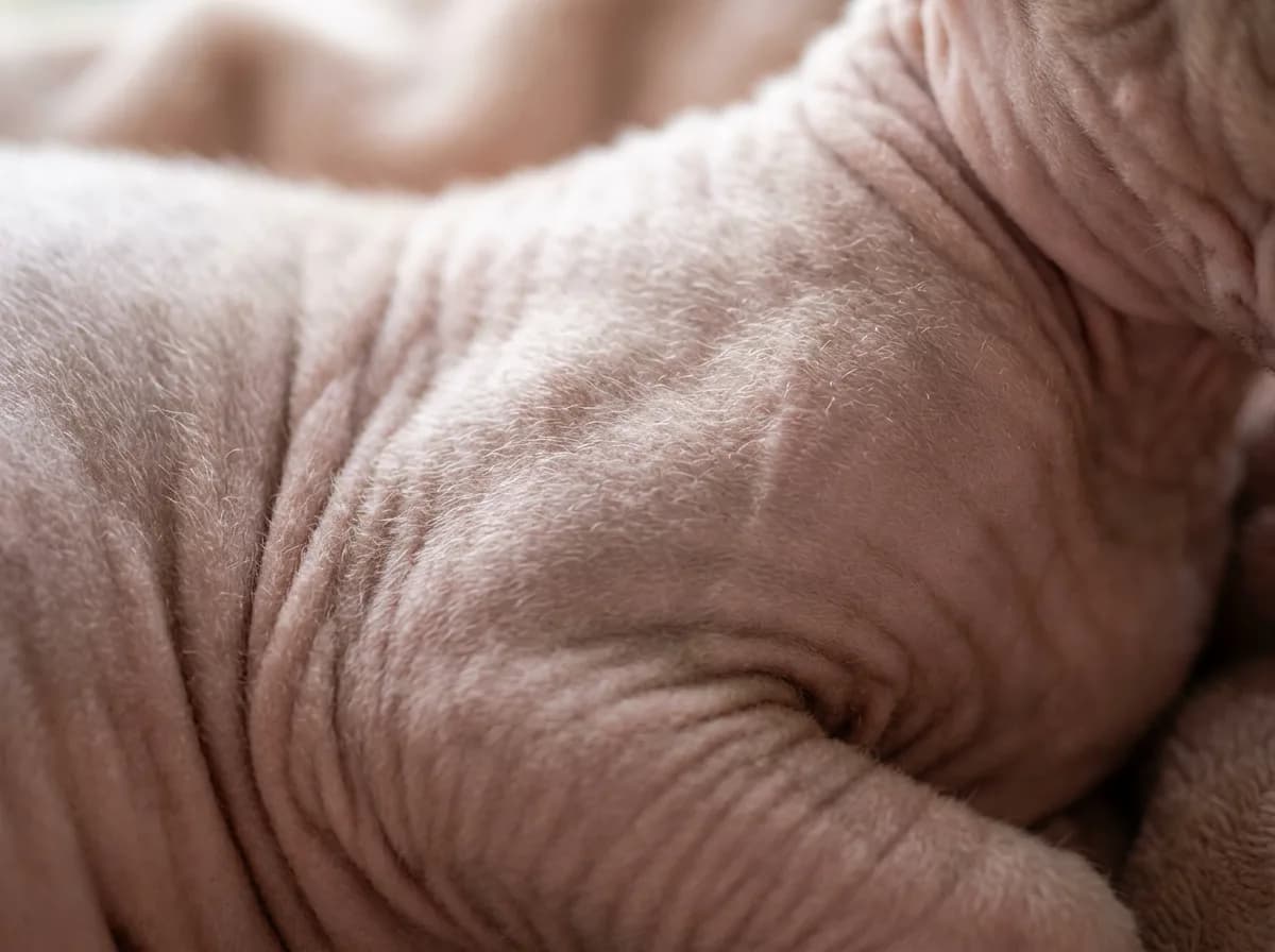 Close-up of a Minskin cat's wrinkled near-hairless skin showing the fine downy fuzz and soft folds on its torso