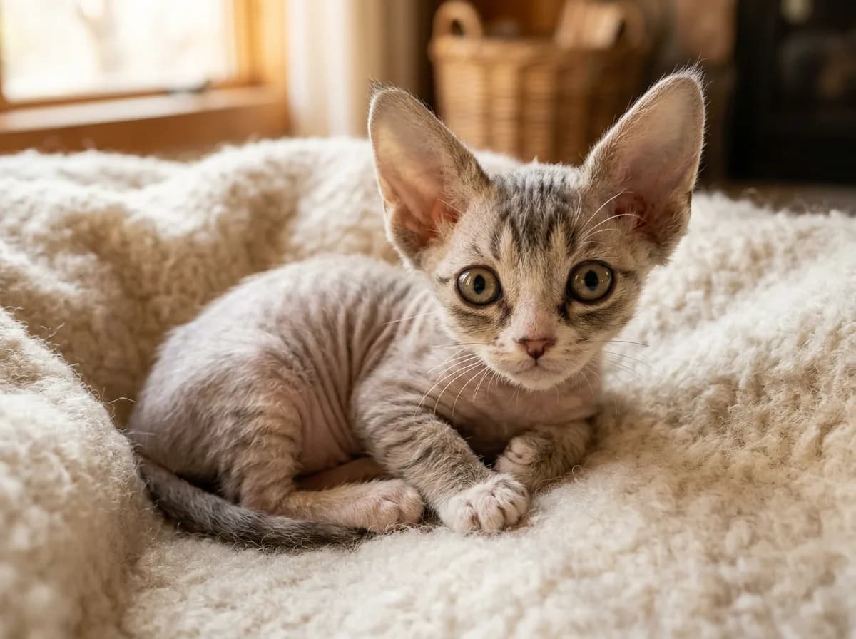 A young Minskin kitten curled on a cream blanket showing its oversized ears, short legs and sparse downy coat