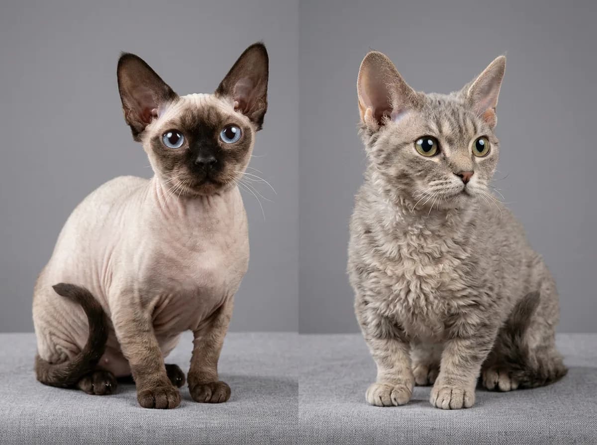 Two Minskin cats compared side by side, a fur-pointed type on the left and a fuzzier rex-coated Teddy Rex type on the right