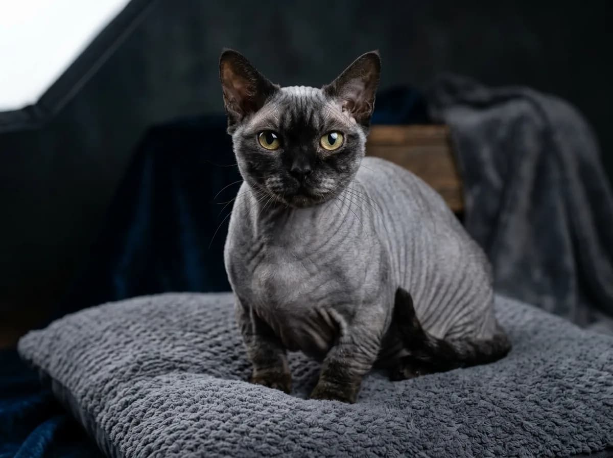A black and blue-tabby Minskin cat showing dark fur-points on its ears, face and legs over a near-hairless slate-grey body