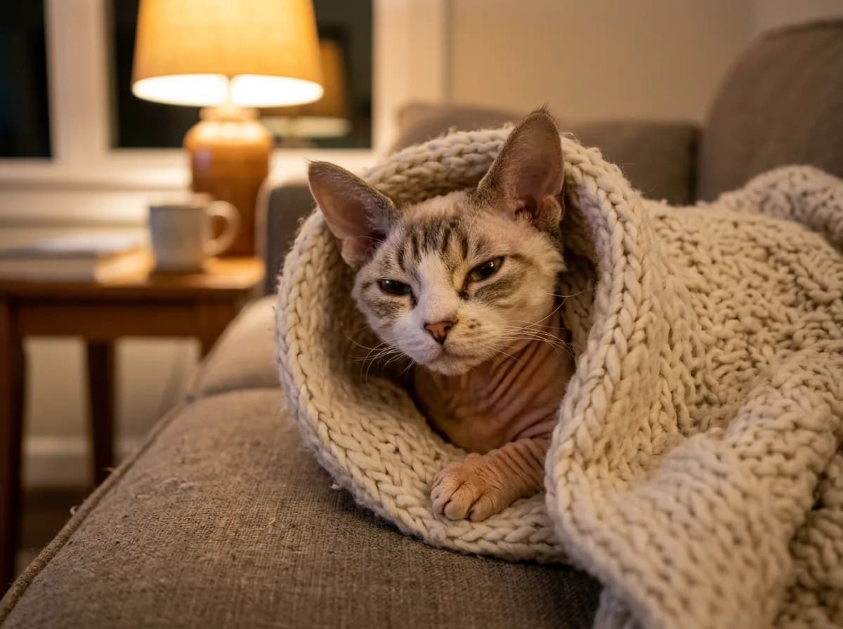A Minskin cat wrapped in a soft knitted blanket with only its furry face and one short paw showing, illustrating its need for warmth