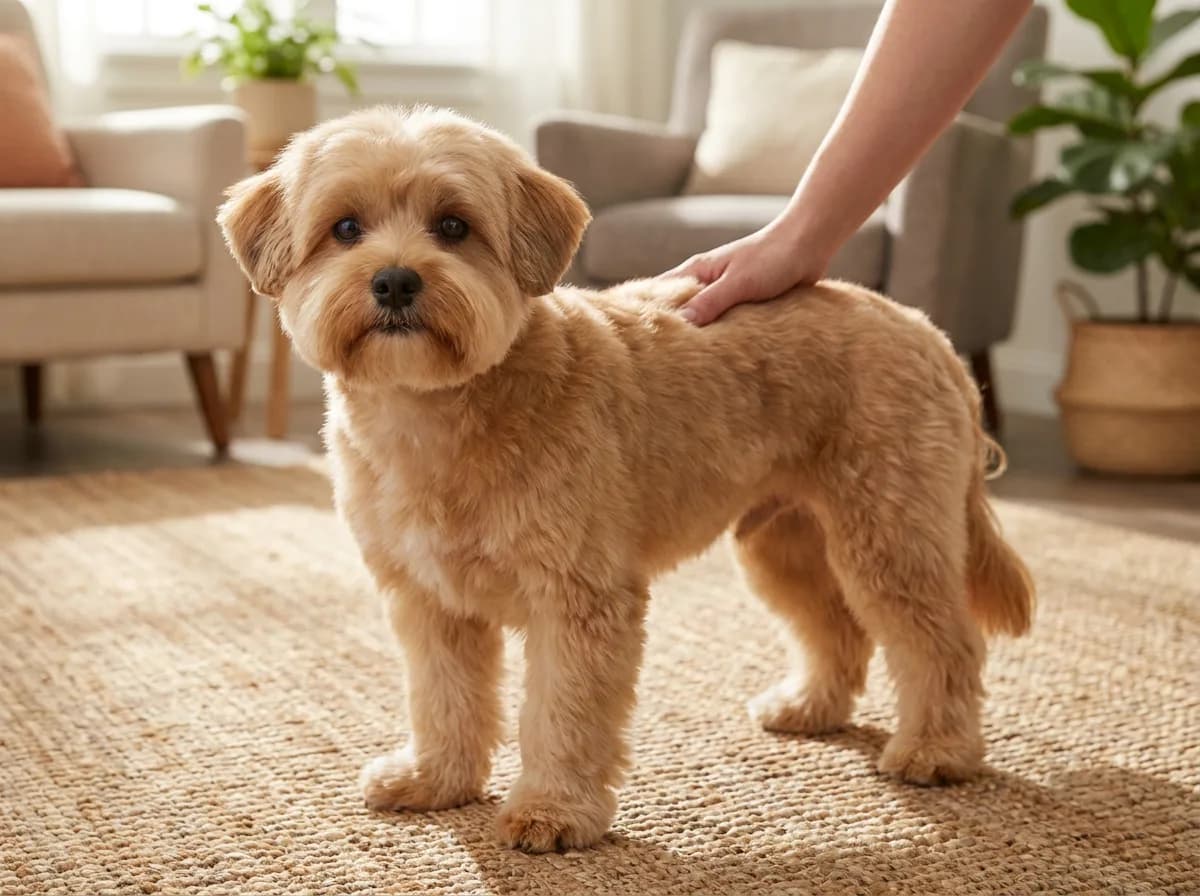Tan dog with rounded facial hair and a fluffy medium body trim standing on a rug.