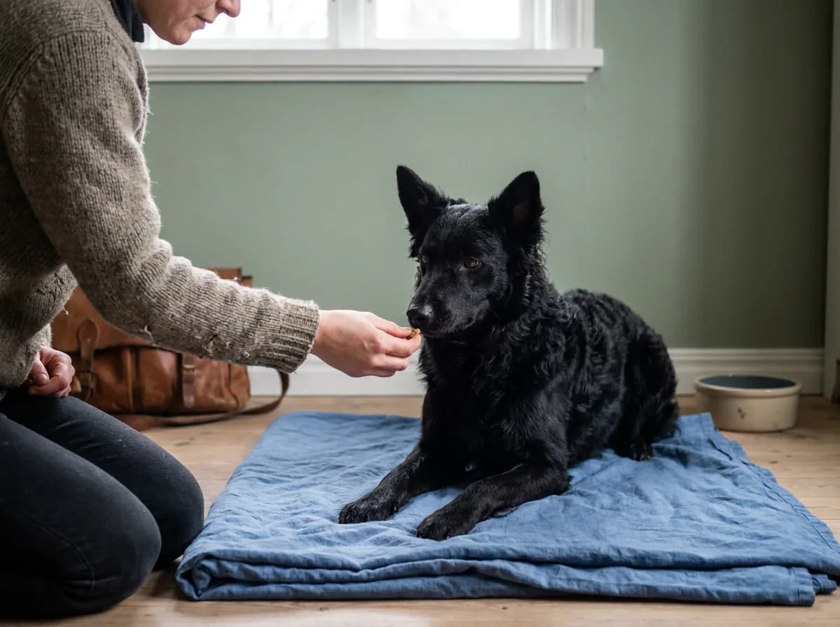 Black herding dog lying on a blue mat while an adult offers a reward.