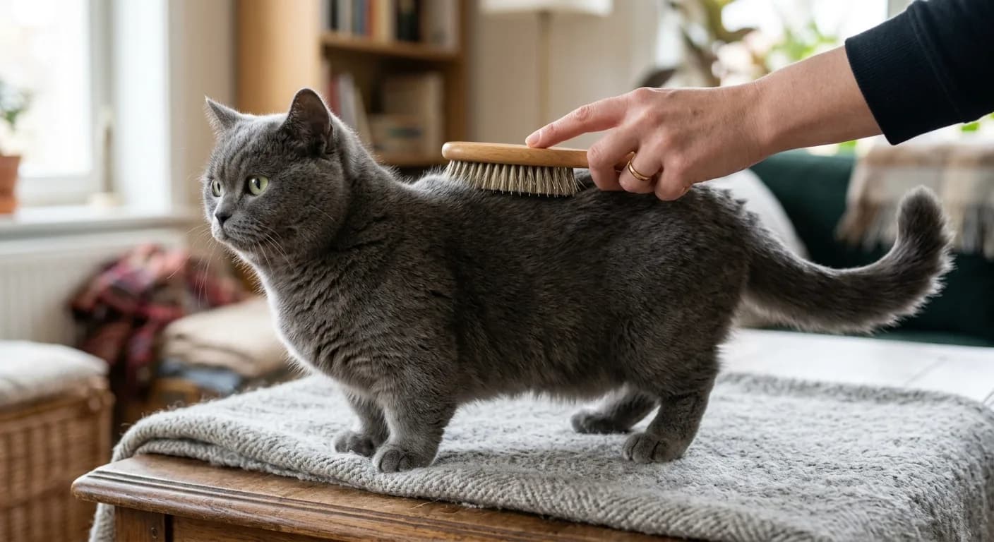 Short-legged grey shorthair munchkin cat with a normal-sized body being gently brushed by a hand, no human face