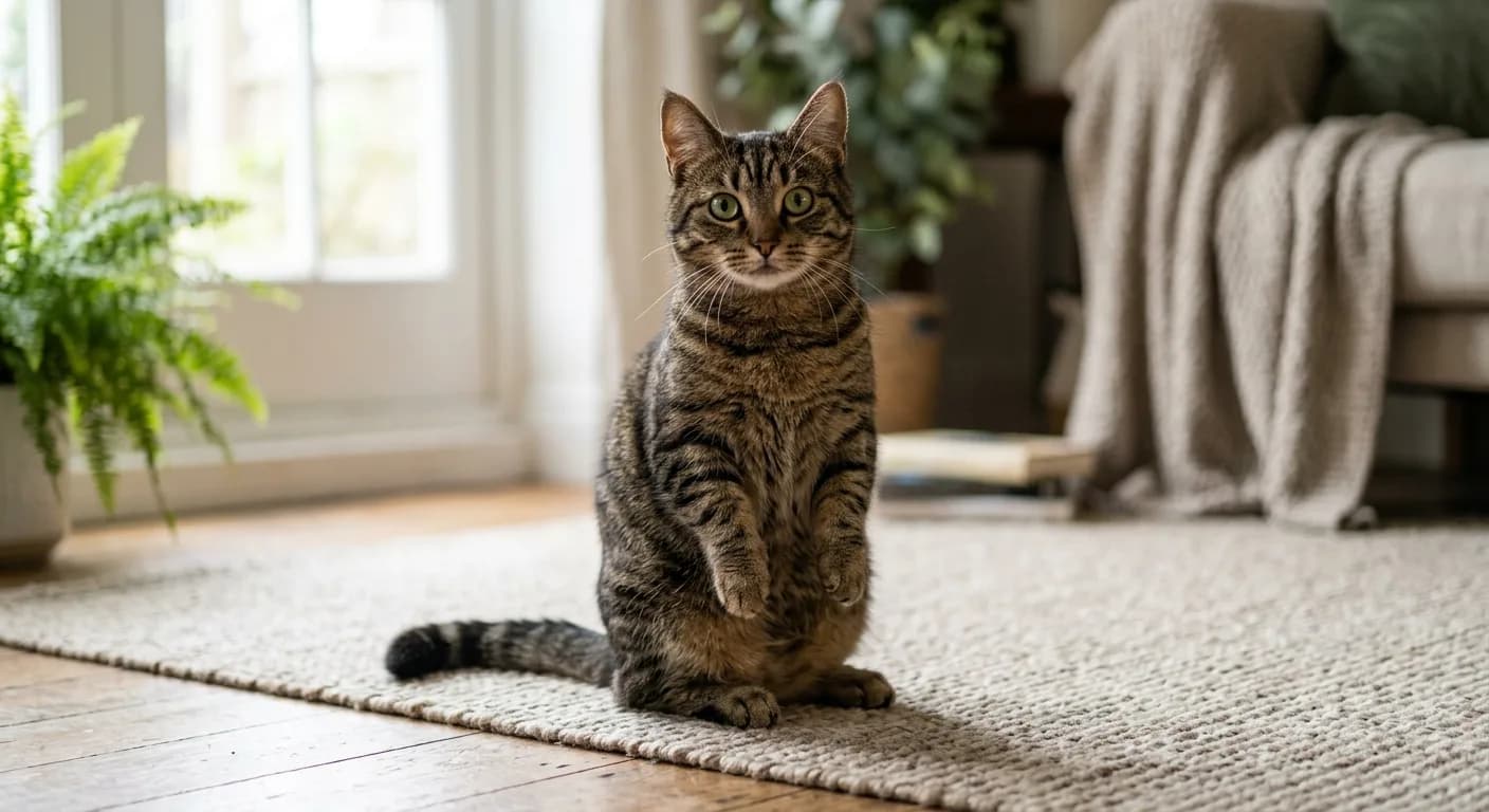 Short-legged brown tabby munchkin cat sitting upright on its haunches in a kangaroo pose, showing its very short front legs and normal-sized body