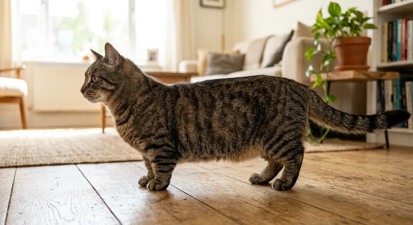 Short-legged munchkin cat with a normal-sized tabby body and head standing on a wood floor, legs clearly shortened