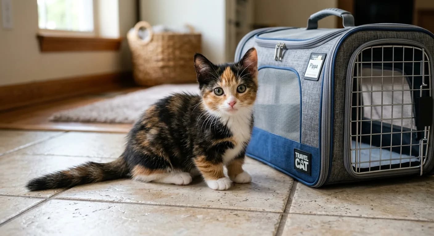 Short-legged calico munchkin kitten with a normal-sized head and body sitting beside a cat carrier on a tile floor