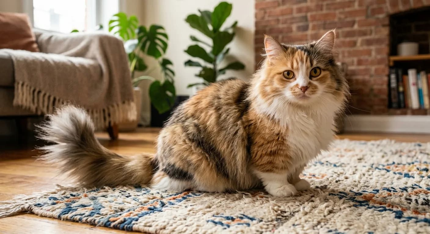 Longhaired munchkin cat with short legs and a full normal-sized fluffy body and plumed tail, sitting on a rug