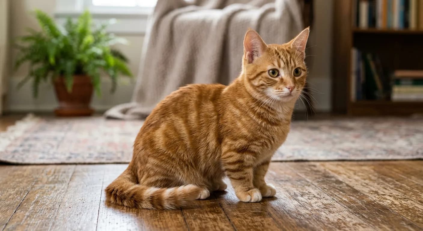 An orange tabby short-haired Munchkin cat with short legs sitting upright, showing the classic mackerel tabby stripes and forehead M marking