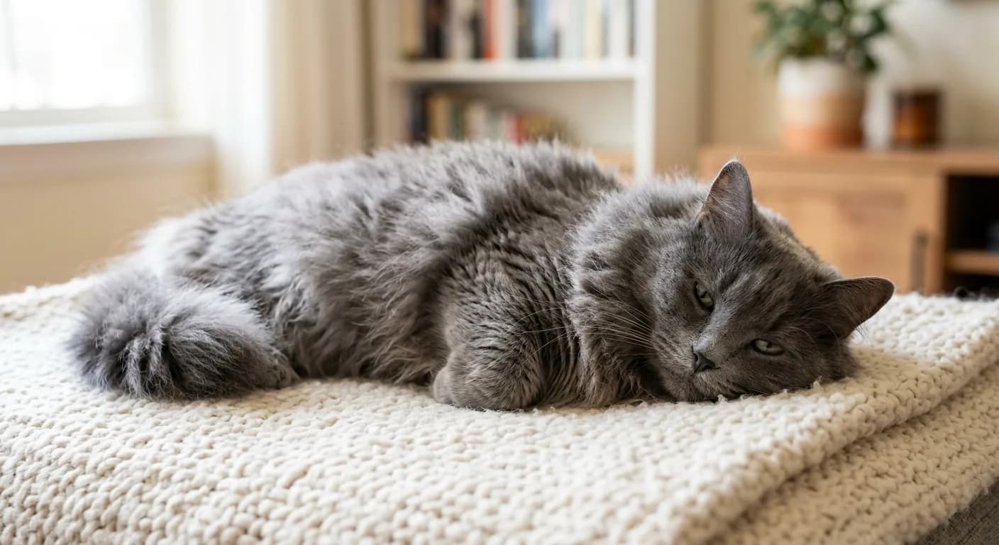 A blue-grey long-haired Munchkin-type cat with short legs and a fluffy semi-long coat resting on a soft surface
