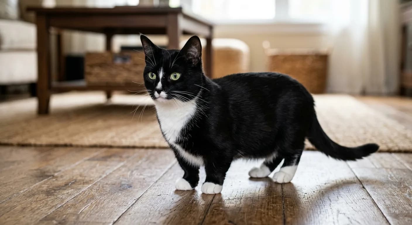 A black and white tuxedo short-haired Munchkin cat standing on short legs, white chest and paws against a glossy black coat
