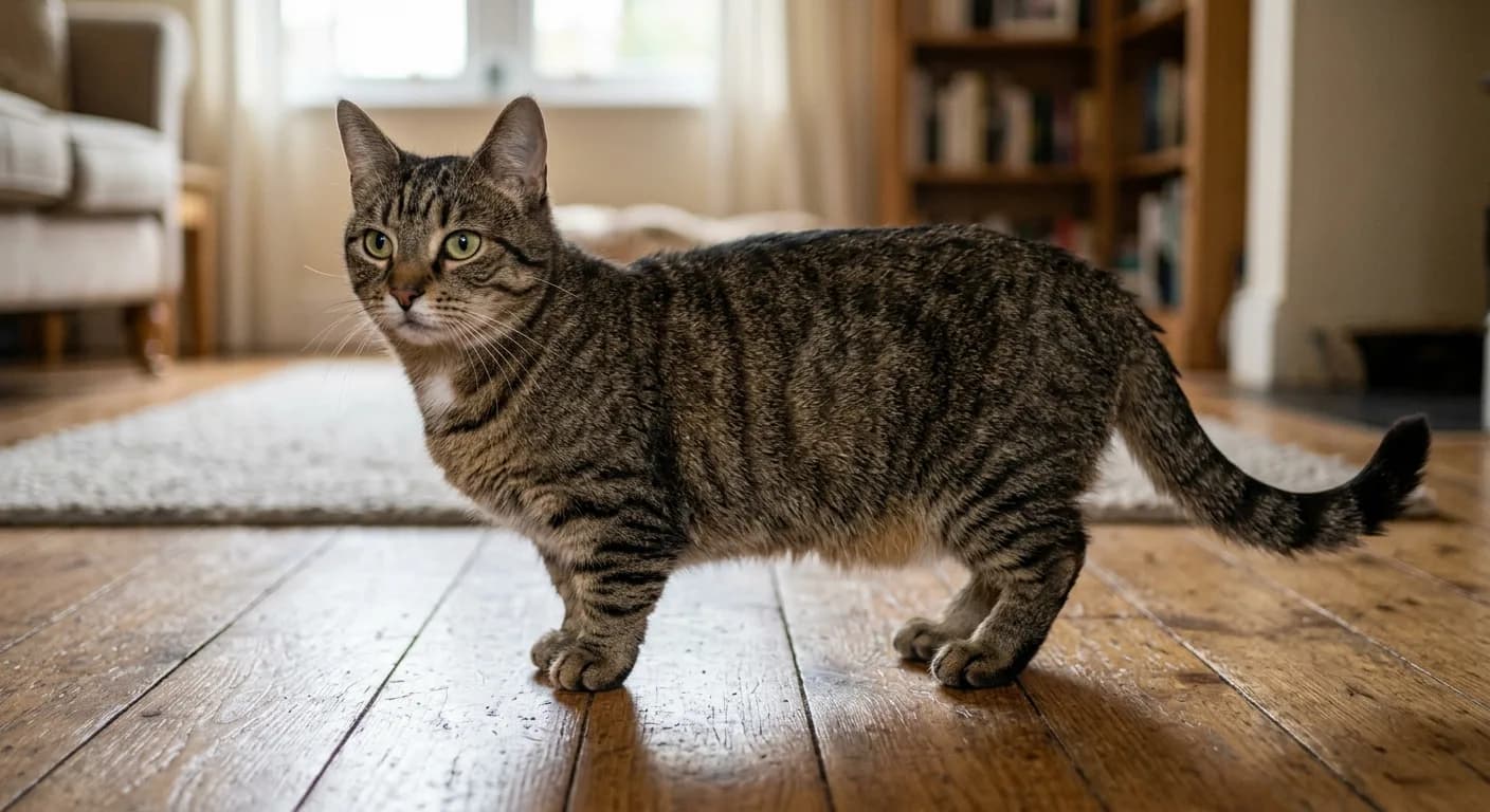 A healthy adult munchkin cat with very short legs and a long body standing alert on a wood floor, showing the breed's distinctive low stance