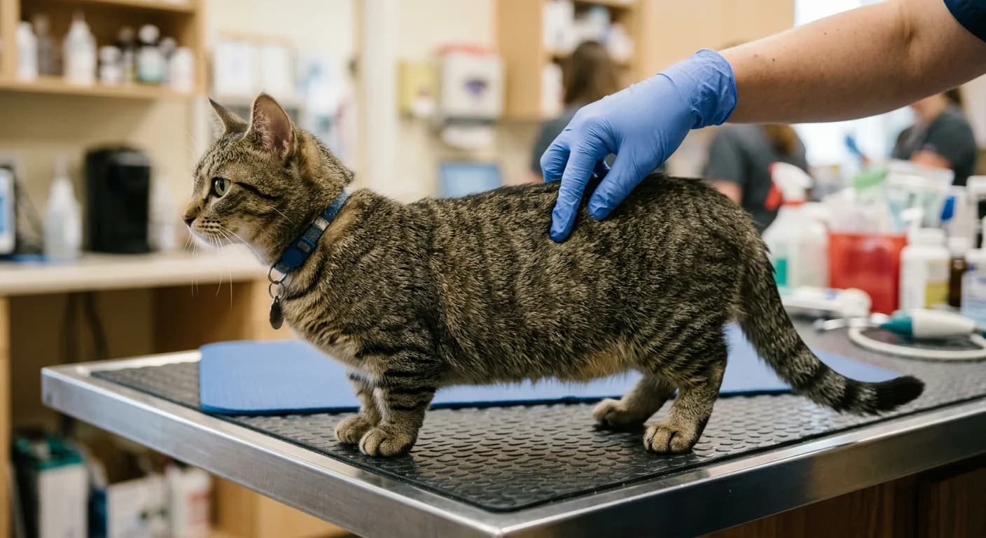 A veterinarian's gloved hand gently examining the lower spine of a short-legged munchkin cat on an exam table, no human face visible