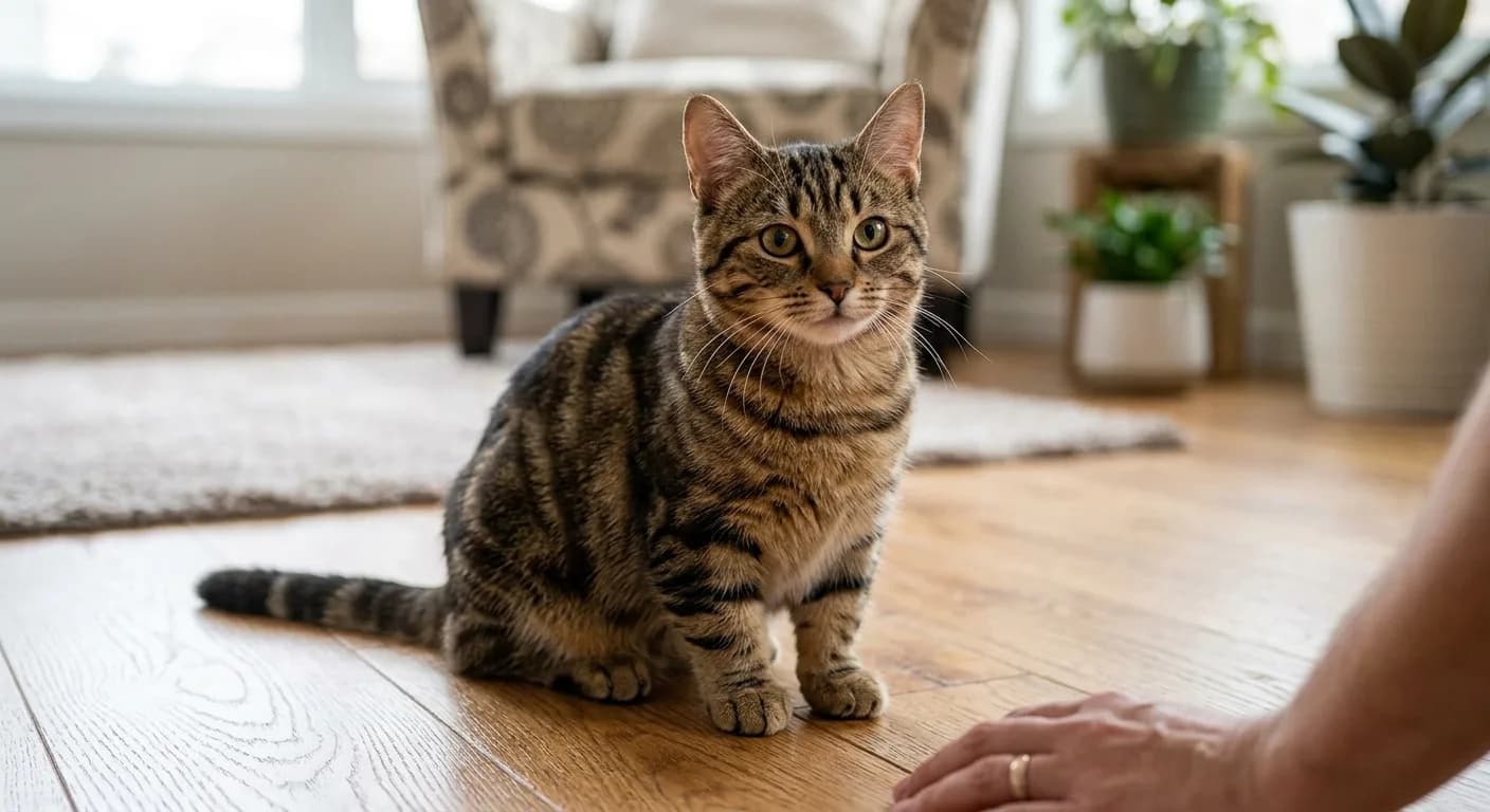 A healthy short-legged munchkin cat with a normal-sized body and a glossy tabby coat sitting upright on a wood floor, illustrating the breed buyers are pricing