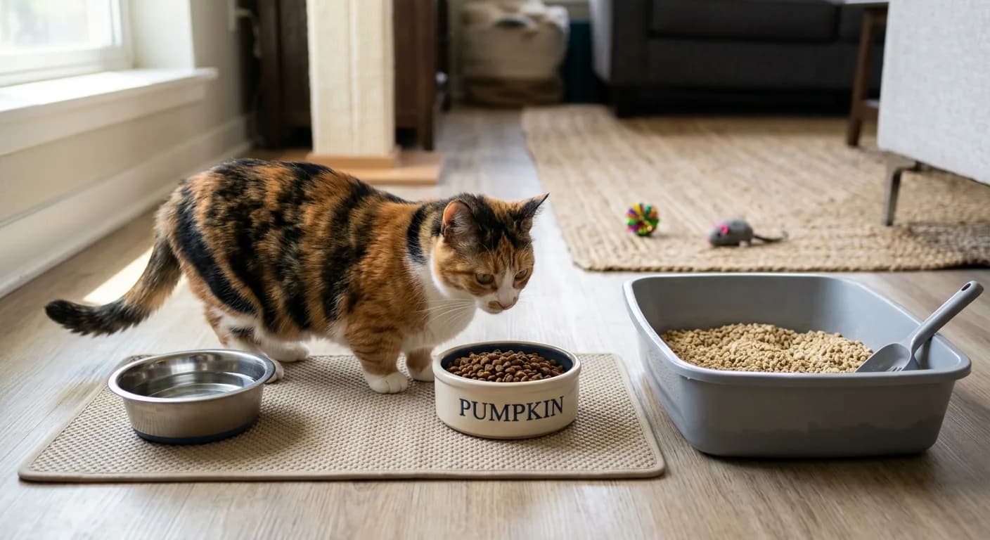 A short-legged calico munchkin cat with normal body proportions standing beside a food bowl and a low-sided litter box, representing the ongoing cost of care