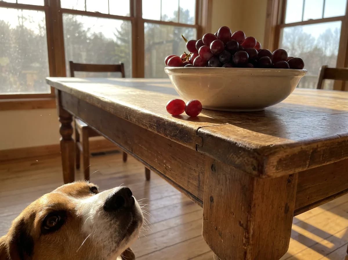 Beagle looking up from the floor at a bowl of red grapes and two loose grapes on a wooden dining table
