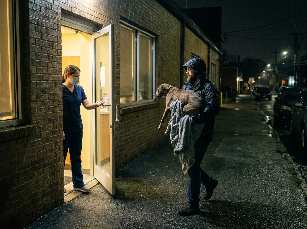 Man carrying a brindle dog wrapped in a blanket toward the lit door of an animal hospital where a technician waits