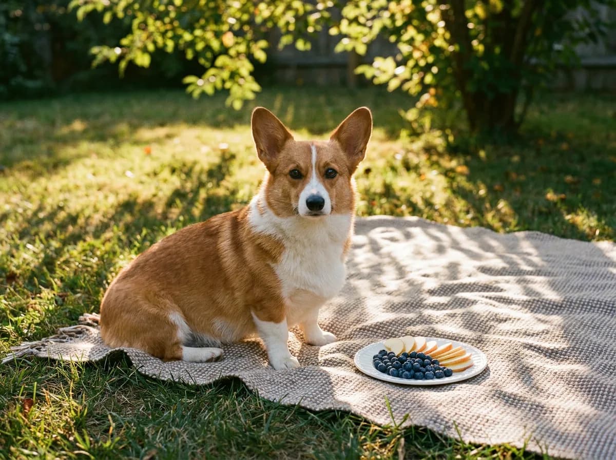 Corgi sitting on a picnic blanket beside a plate of blueberries and apple slices