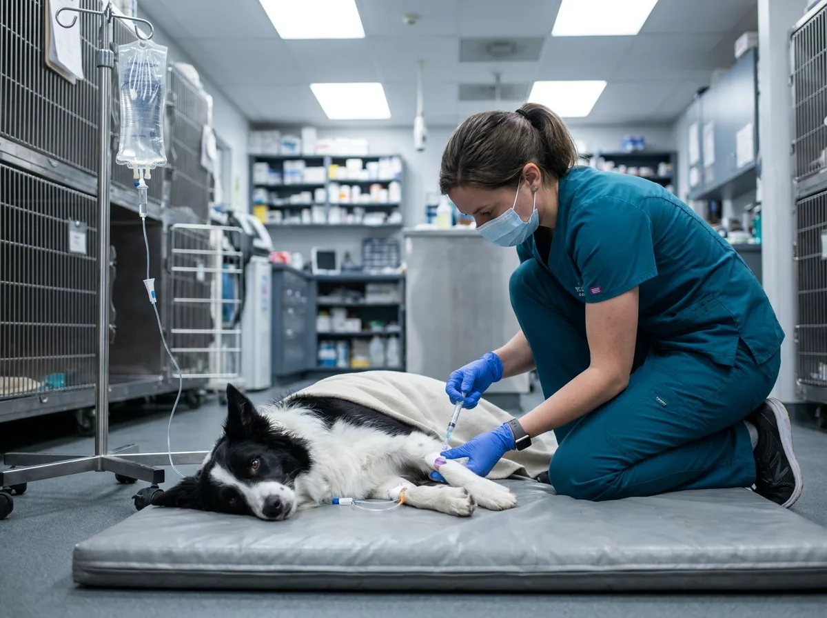 Technician in teal scrubs drawing blood from a border collie lying on a padded mat beside an IV fluid bag