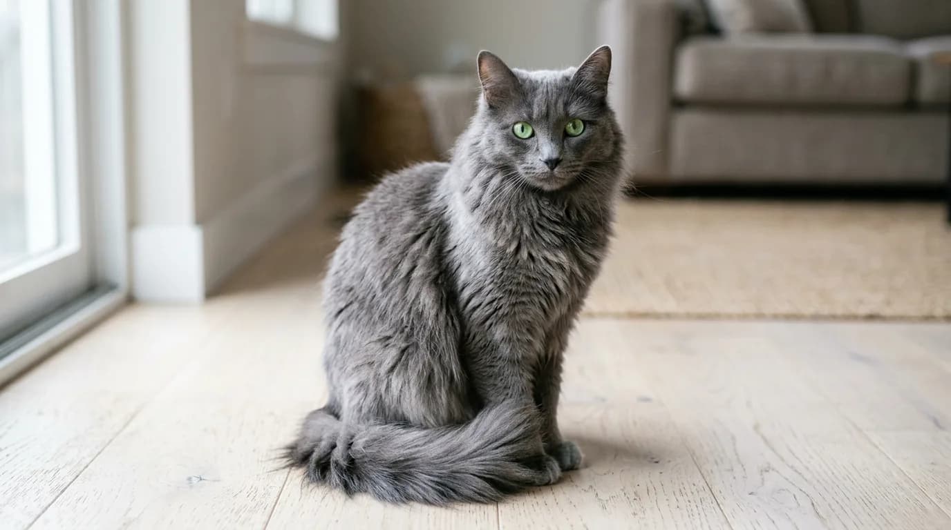 A semi-longhaired blue-grey Nebelung cat with a silver-tipped coat and vivid green eyes sitting in soft window light