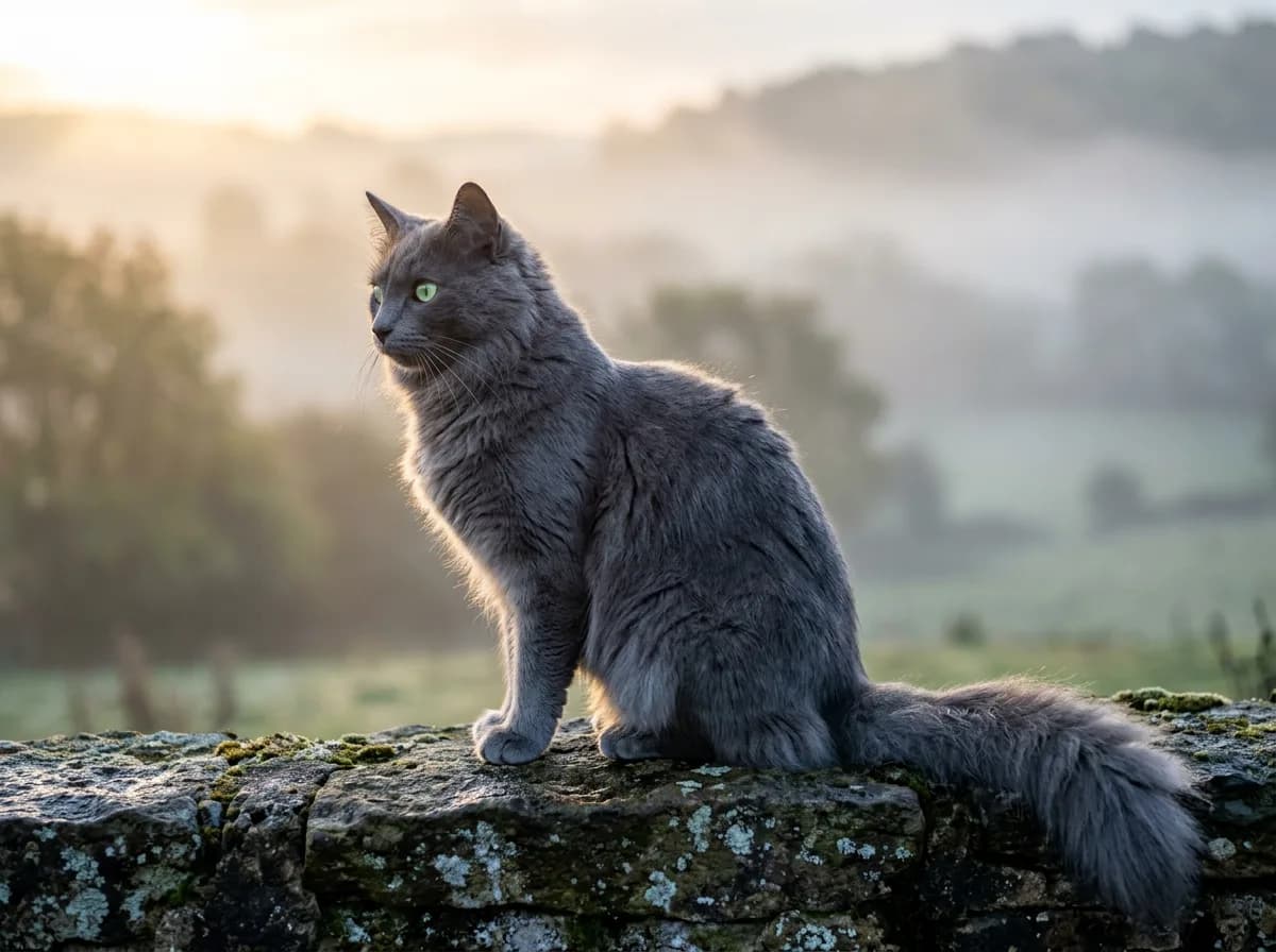 A Nebelung cat in profile at dawn, its silvery-blue coat lit by misty golden backlight