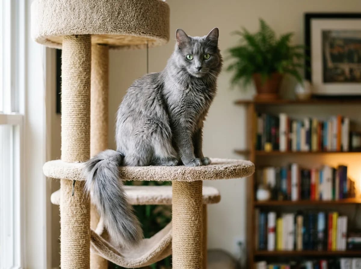 A Nebelung cat perched on a tall cat tree looking watchfully toward the camera with its plumed tail over the edge