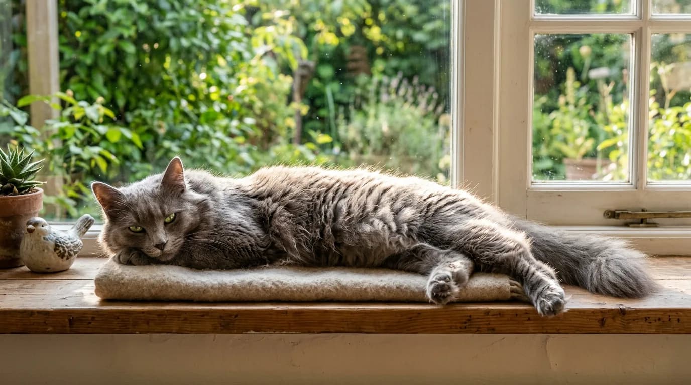 A healthy adult Nebelung cat lying relaxed on a sunlit windowsill with its full plumed tail extended