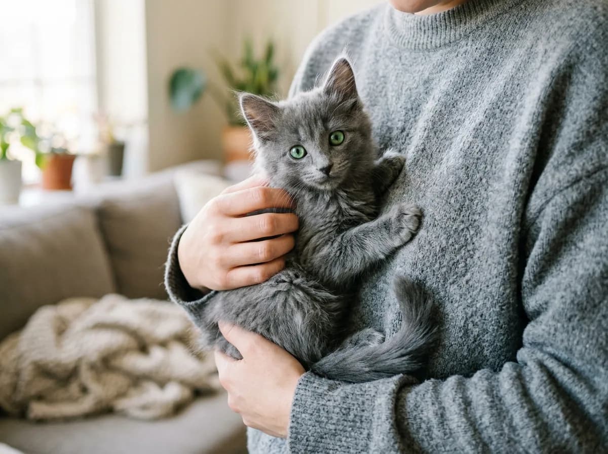 A Nebelung kitten with developing silvery-blue fur and green eyes held gently against a person's chest