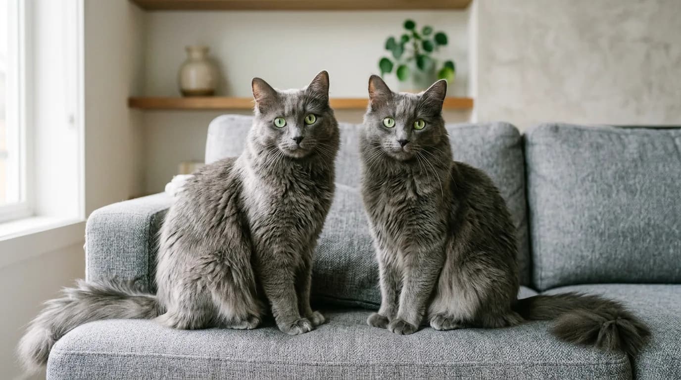 Two Nebelung cats sitting close together on a grey sofa with matching silver-blue coats and green eyes