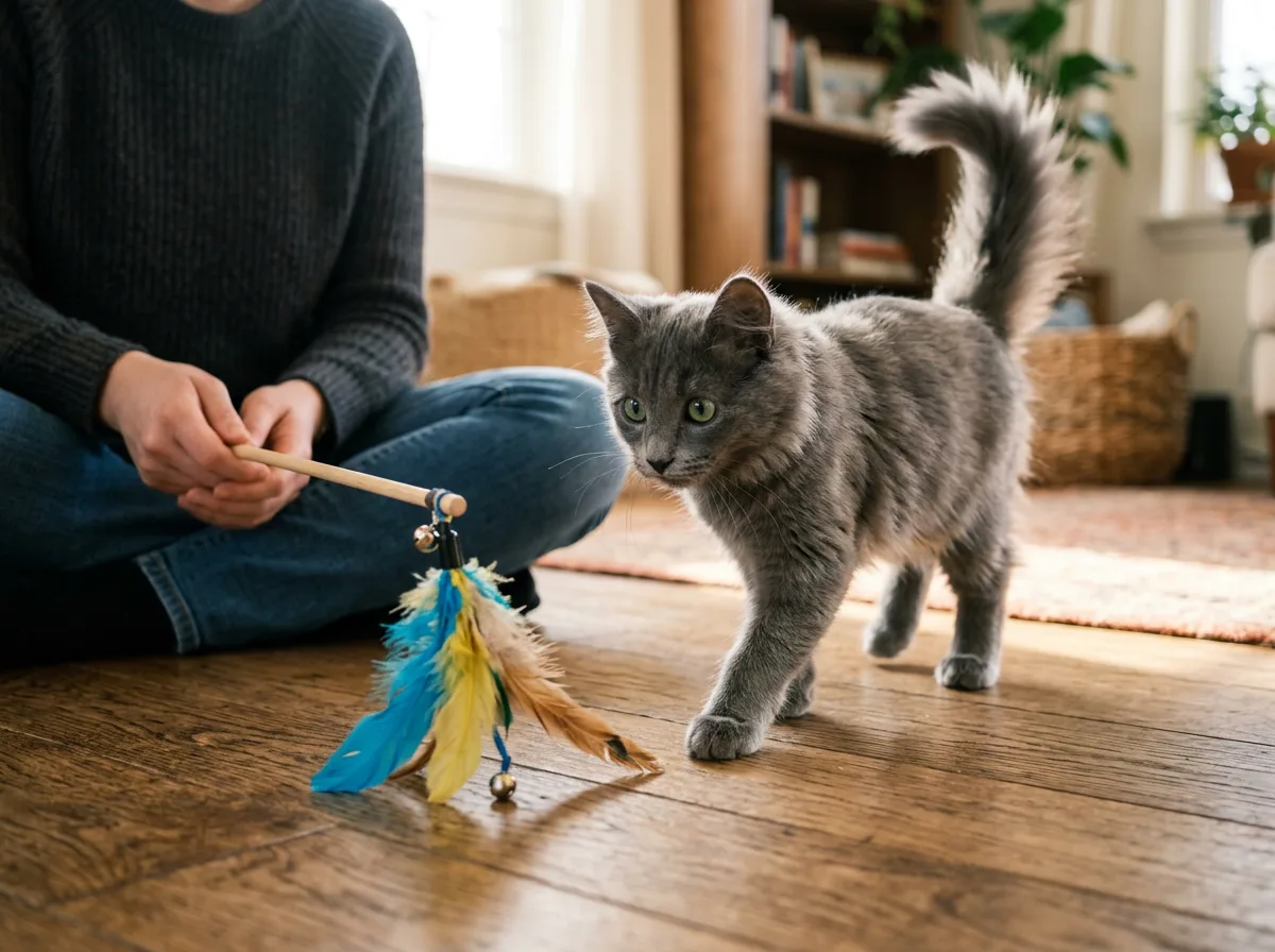 A blue-grey Nebelung kitten cautiously approaching a seated person with a wand toy, learning to trust through play.