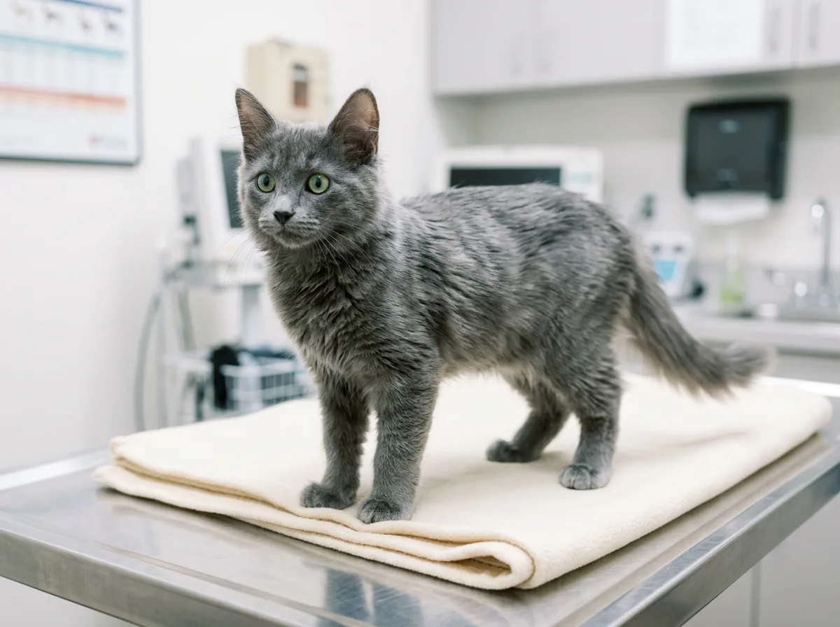 A healthy, alert Nebelung kitten standing on a clean exam blanket during a routine vet wellness check, bright-eyed with a glossy blue-grey coat.
