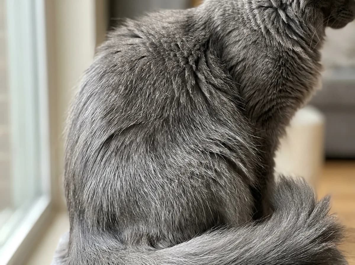 Close-up of a Nebelung's semi-long blue-grey coat showing silver-tipped guard hairs and a plumed tail.