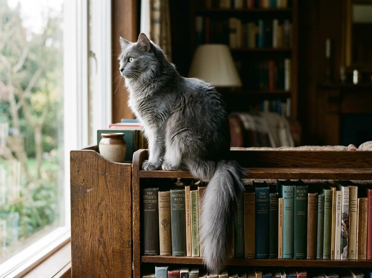 A Nebelung perched on a wooden bookshelf in soft window light with its plumed tail hanging down.