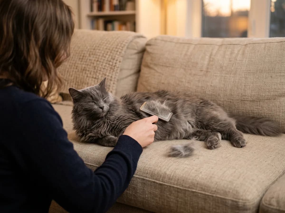 A person seen from behind gently brushing a Nebelung's long blue-grey coat on a couch.