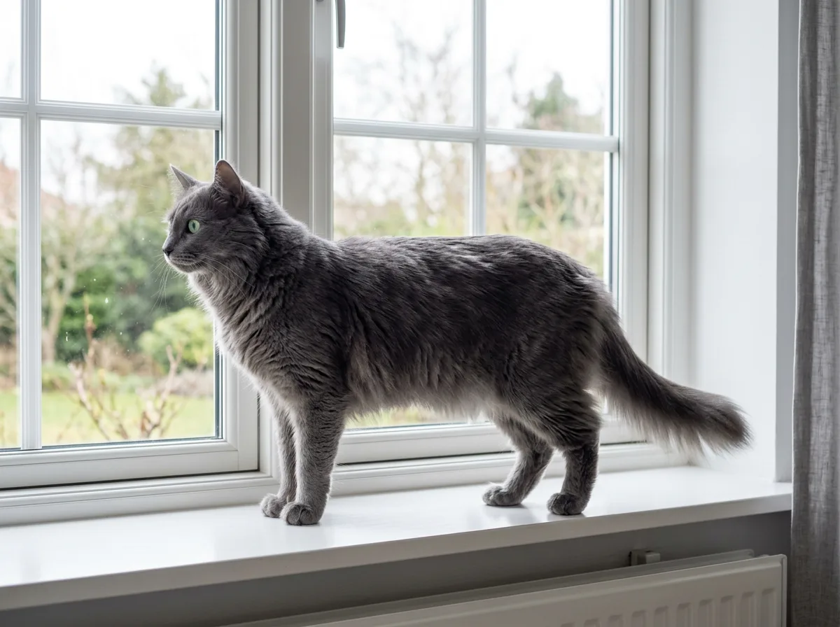A Nebelung standing in profile on a windowsill showing its long athletic body and feathered tail.