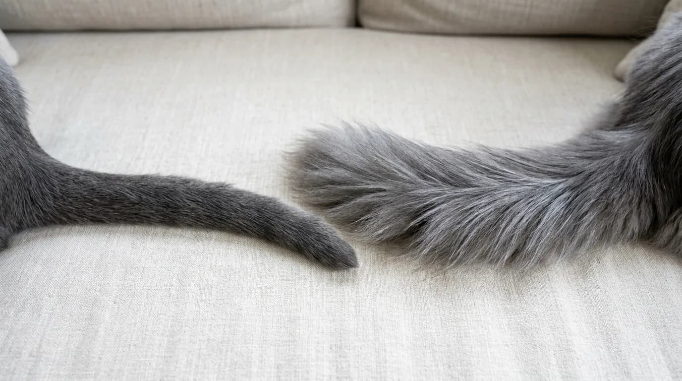 A side by side comparison of a short-haired Russian Blue tail and a plumed Nebelung tail.