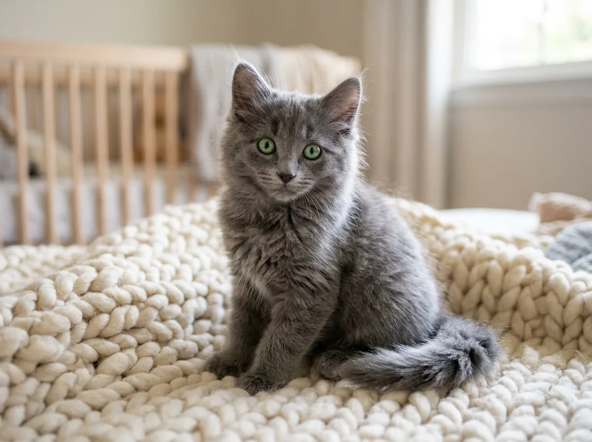 A Nebelung kitten with downy blue-grey fur and bright eyes sitting on a knitted blanket.