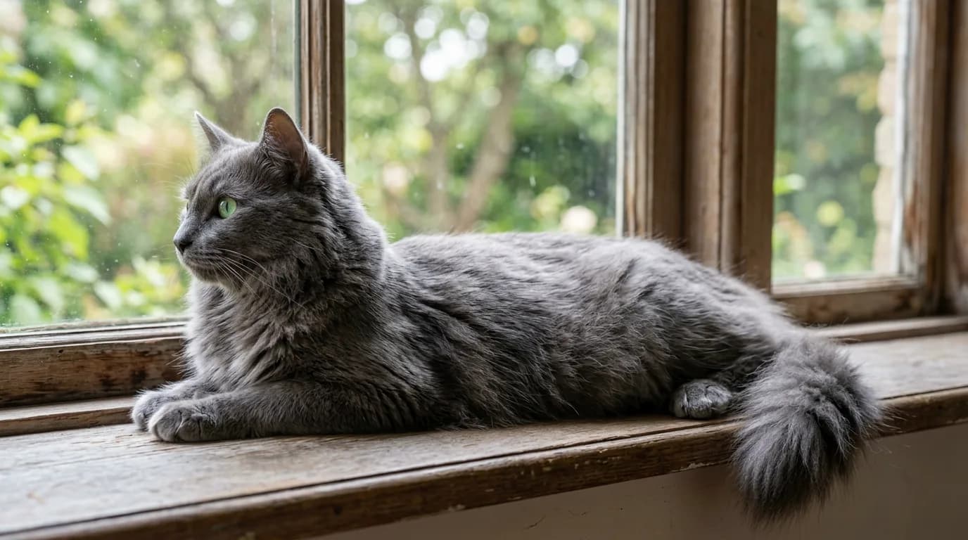 A Nebelung lounging on a windowsill showing its solid silvery blue-grey coat.