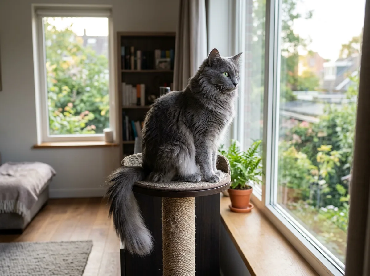 A Nebelung sitting calmly on a cat tree near a window, looking out, with its plumed tail visible.
