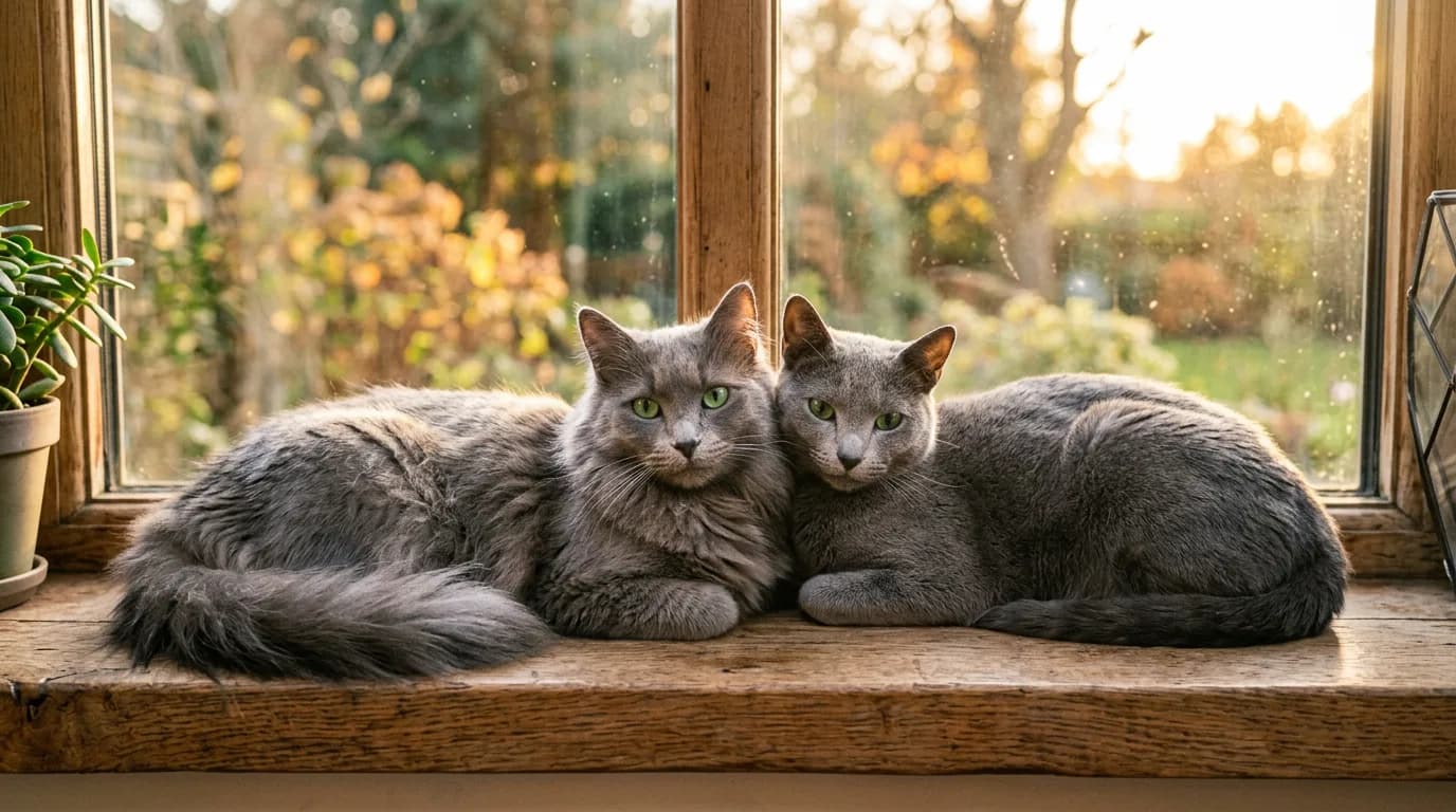 A Nebelung and a Russian Blue resting together on a windowsill at golden hour with their coats catching the light.