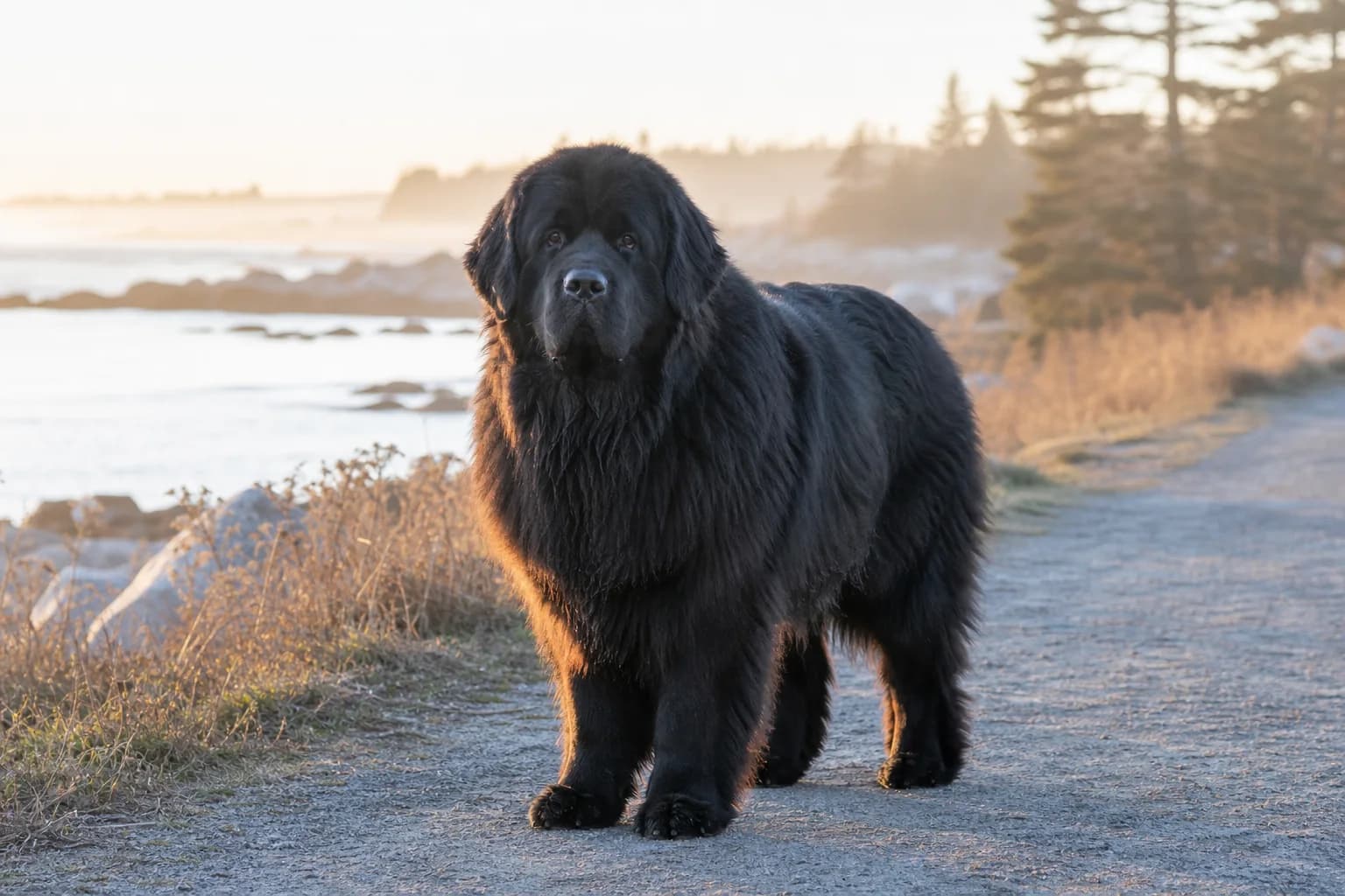 Adult black Newfoundland standing on a coastal path in warm morning light