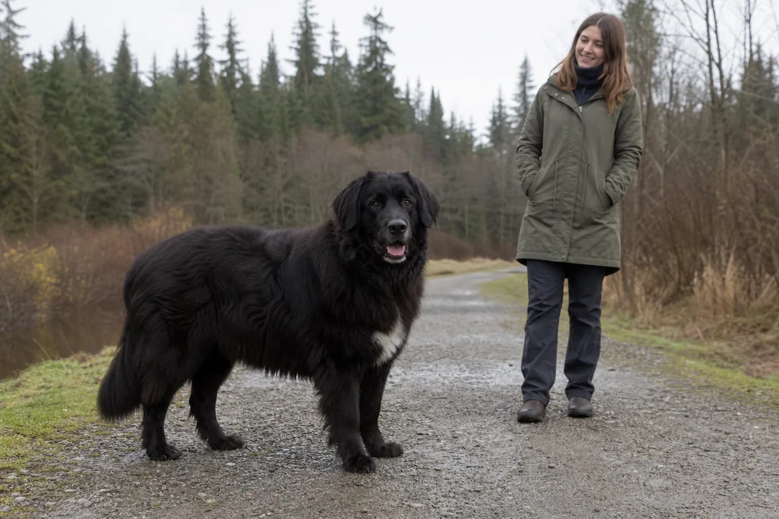 Very large black mixed-breed dog with a white chest patch standing beside an adult on a trail