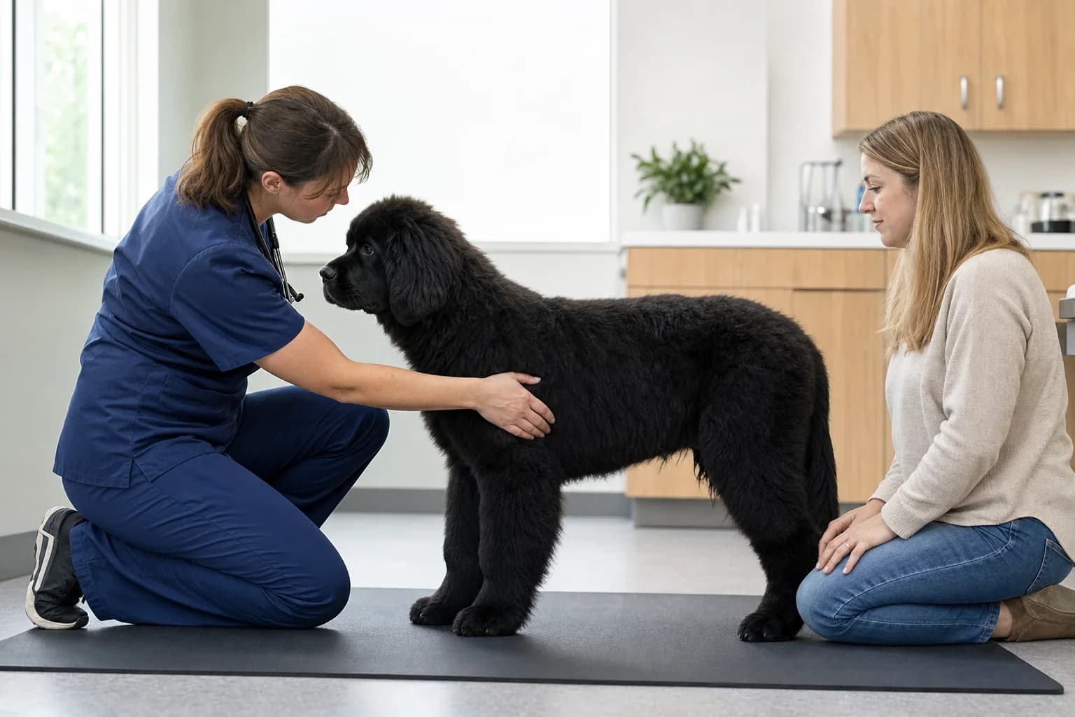 Veterinarian checking the body condition of a growing black Newfoundland puppy