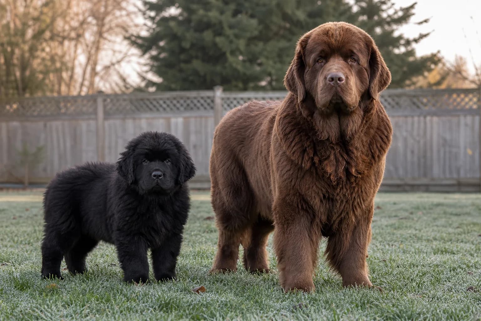 Black Newfoundland puppy standing beside a much larger adult brown Newfoundland