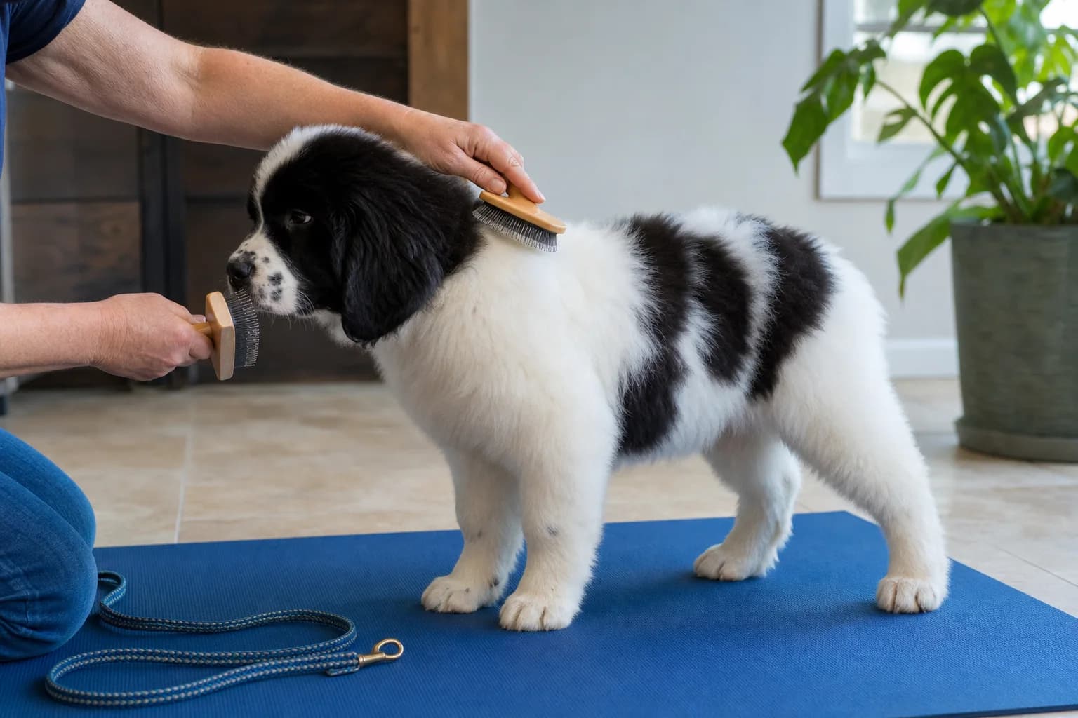 White-and-black Newfoundland puppy sniffing one brush while another touches its shoulder