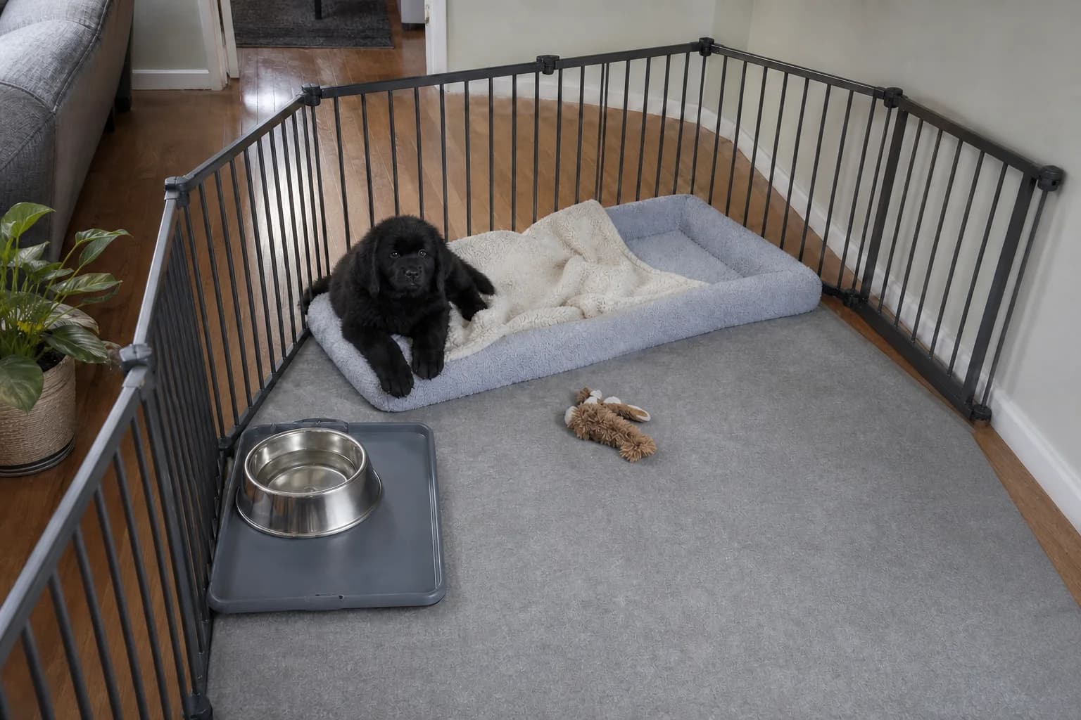 Black Newfoundland puppy resting in a gated area with washable bedding, toy, and water bowl
