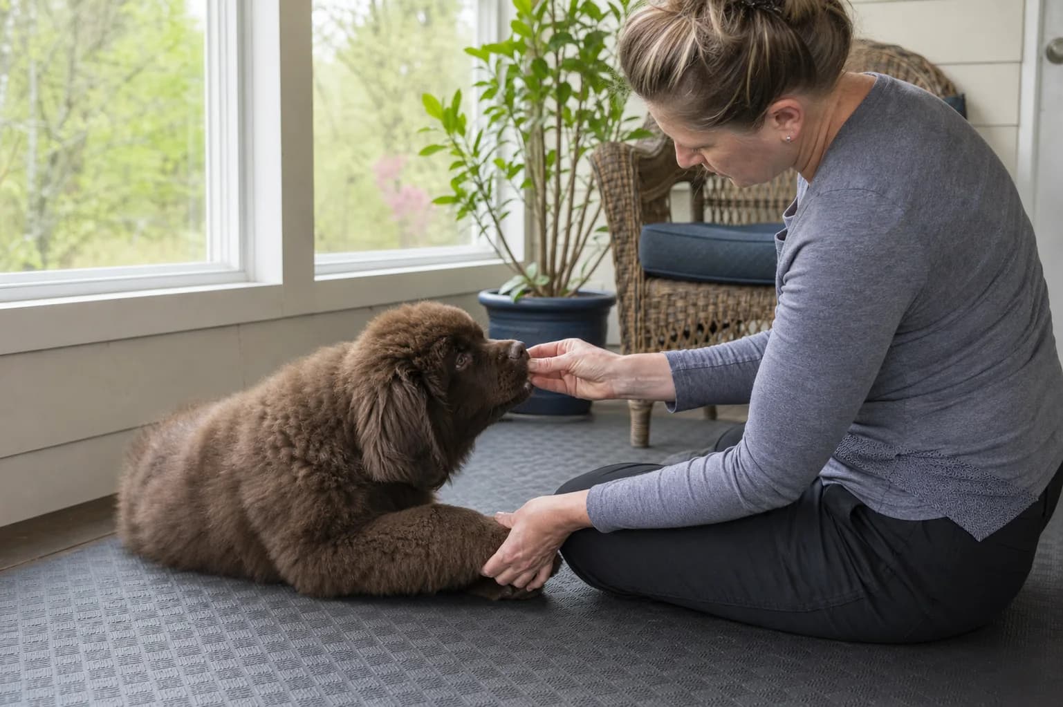 Handler rewarding a brown Newfoundland puppy during a calm paw-handling session