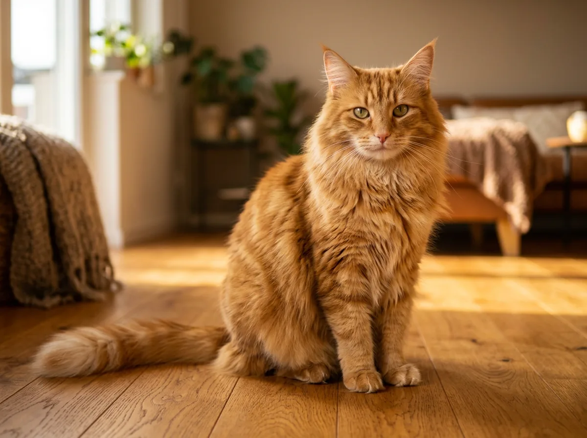 A warm amber Norwegian Forest cat with a honey-gold coat, faint tabby markings and green-gold eyes sitting on a wooden floor in warm light