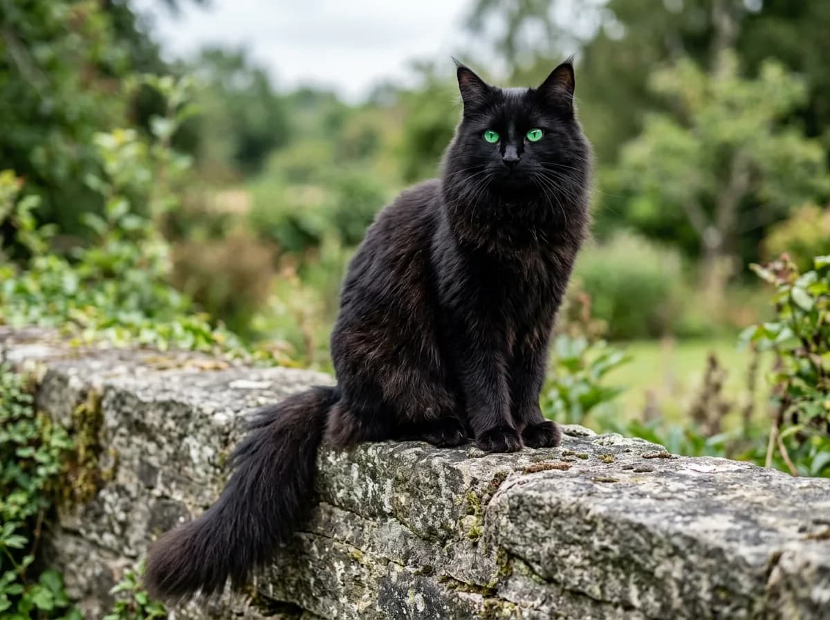 A solid black Norwegian Forest cat with a glossy double coat, full ruff and bushy tail sitting on a stone wall, green eyes catching the light