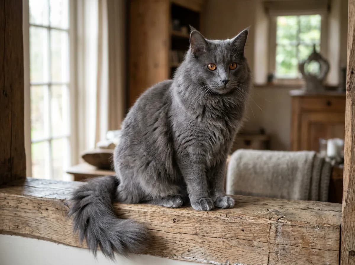 A solid blue gray Norwegian Forest cat with a thick plush double coat and copper eyes, perched on a wooden ledge in soft natural light